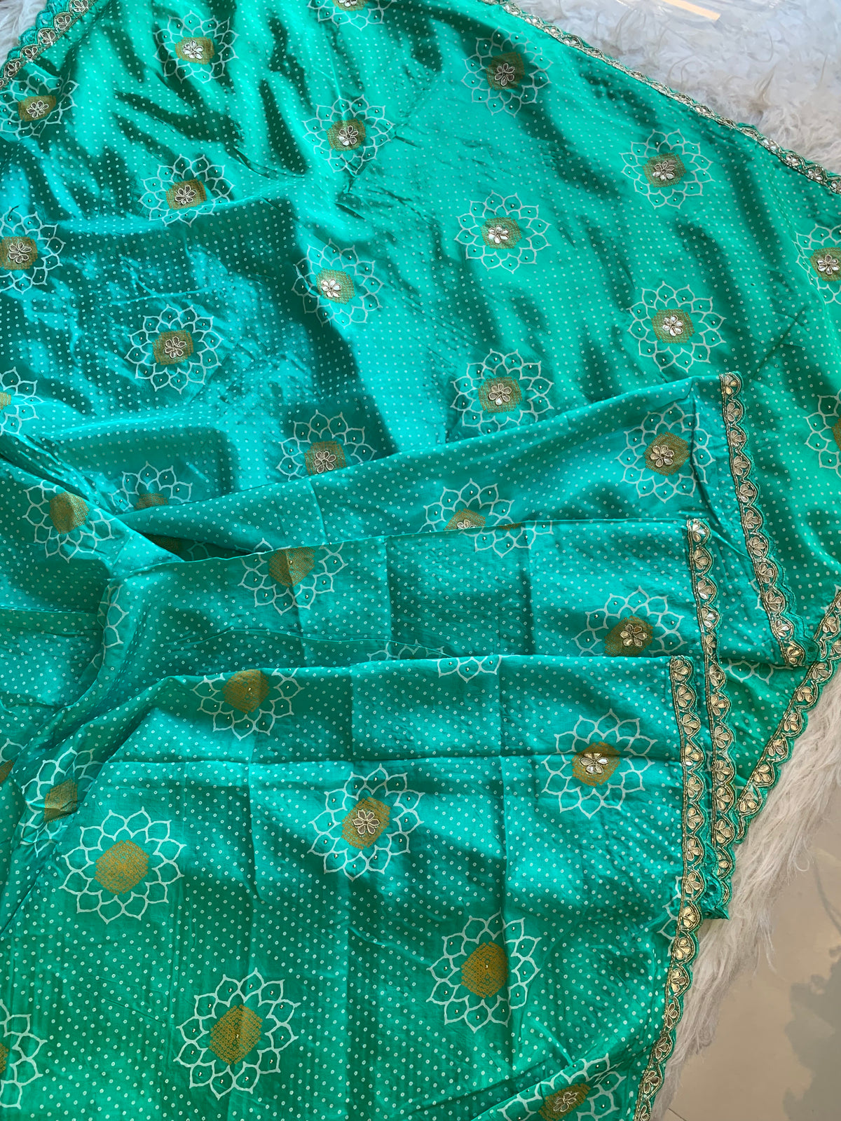 Bandhej Print Russian Silk Saree with Gota Patti & Zardozi 5891 01