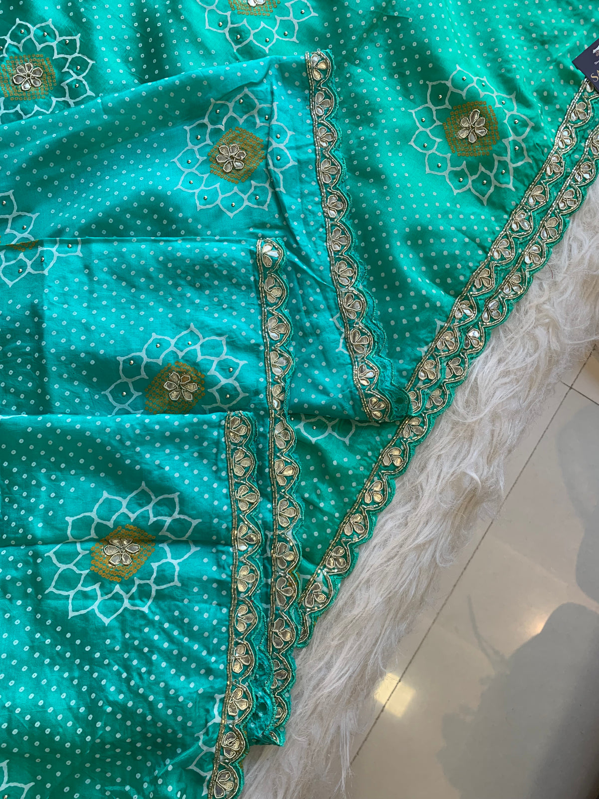 Bandhej Print Russian Silk Saree with Gota Patti & Zardozi 5891 01