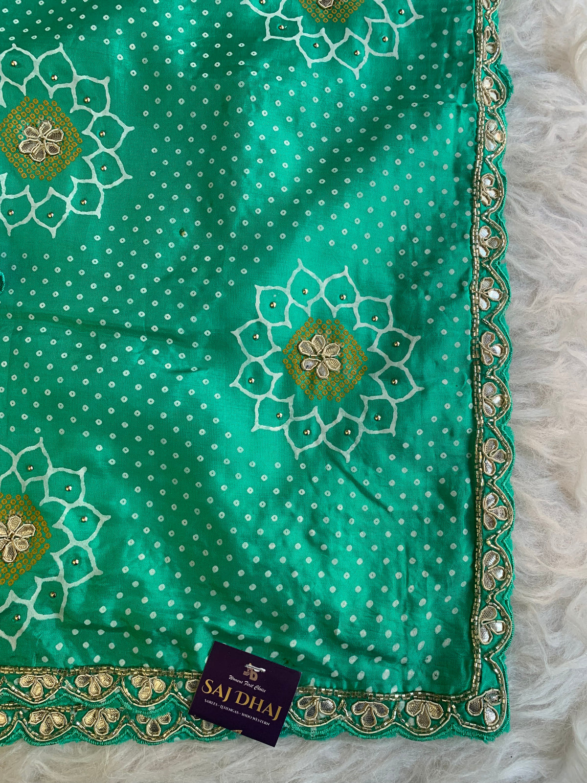 Bandhej Print Russian Silk Saree with Gota Patti & Zardozi 5891 01