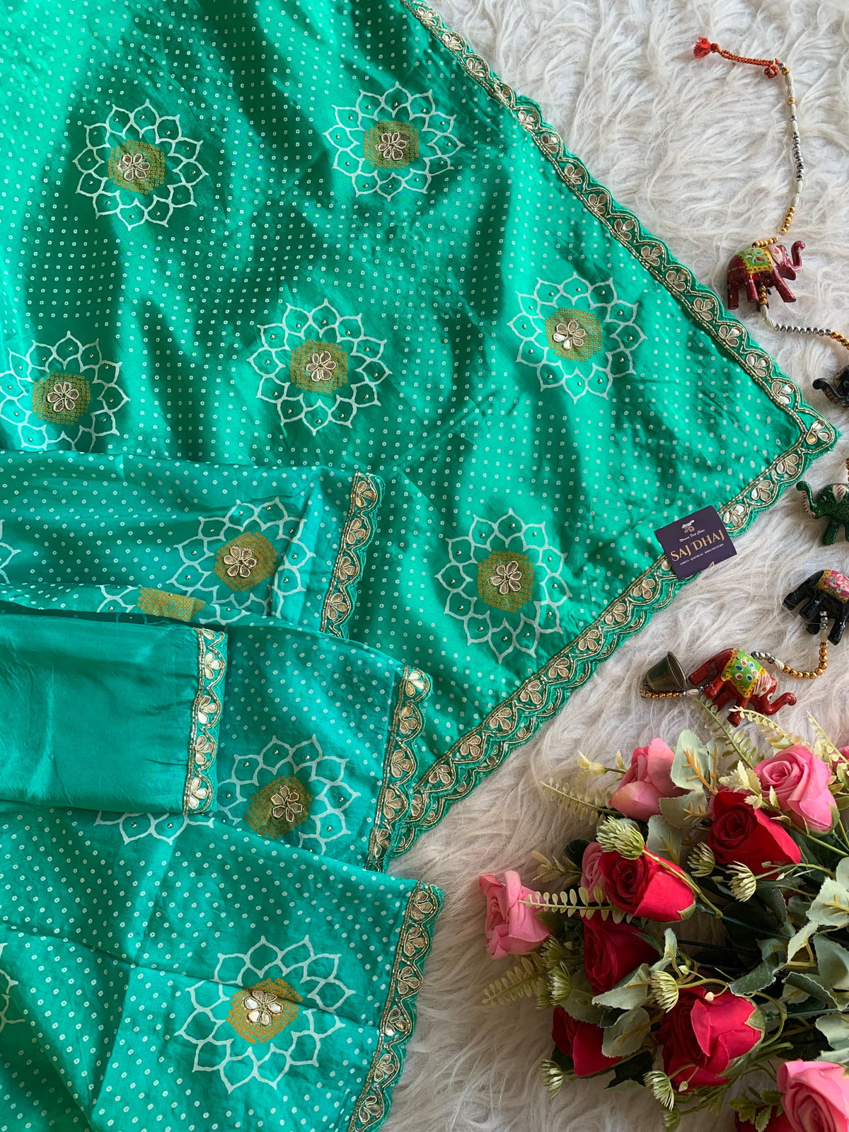 Bandhej Print Russian Silk Saree with Gota Patti & Zardozi 5891 01