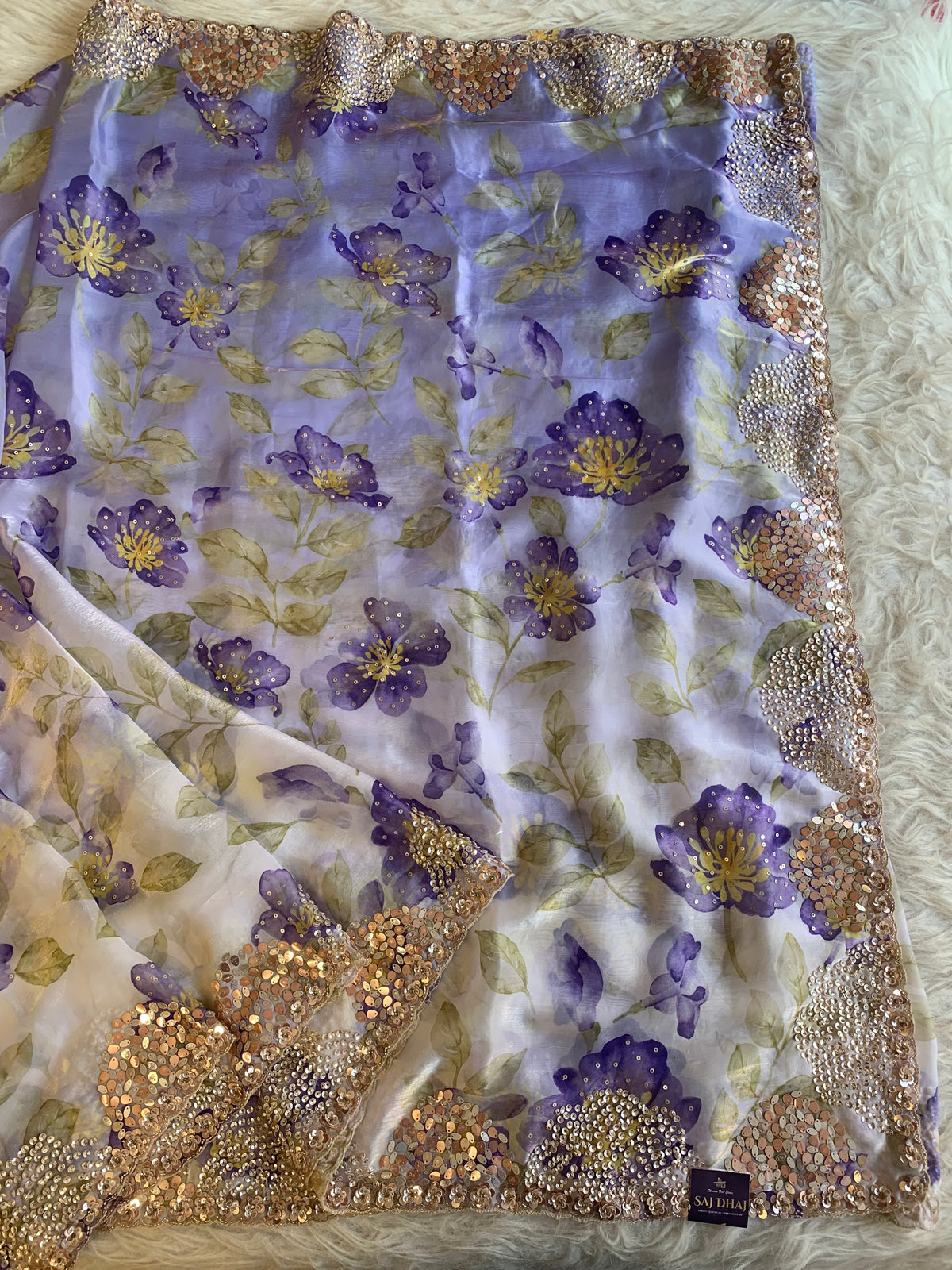 Silk Organza Saree with Floral Print & Cutdana Work 5902 07