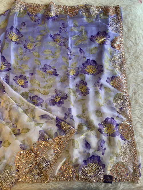 Silk Organza Saree with Floral Print & Cutdana Work 5902 07