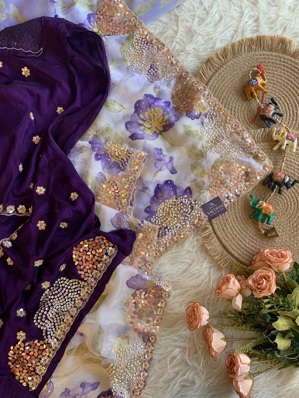 Silk Organza Saree with Floral Print & Cutdana Work 5902 07