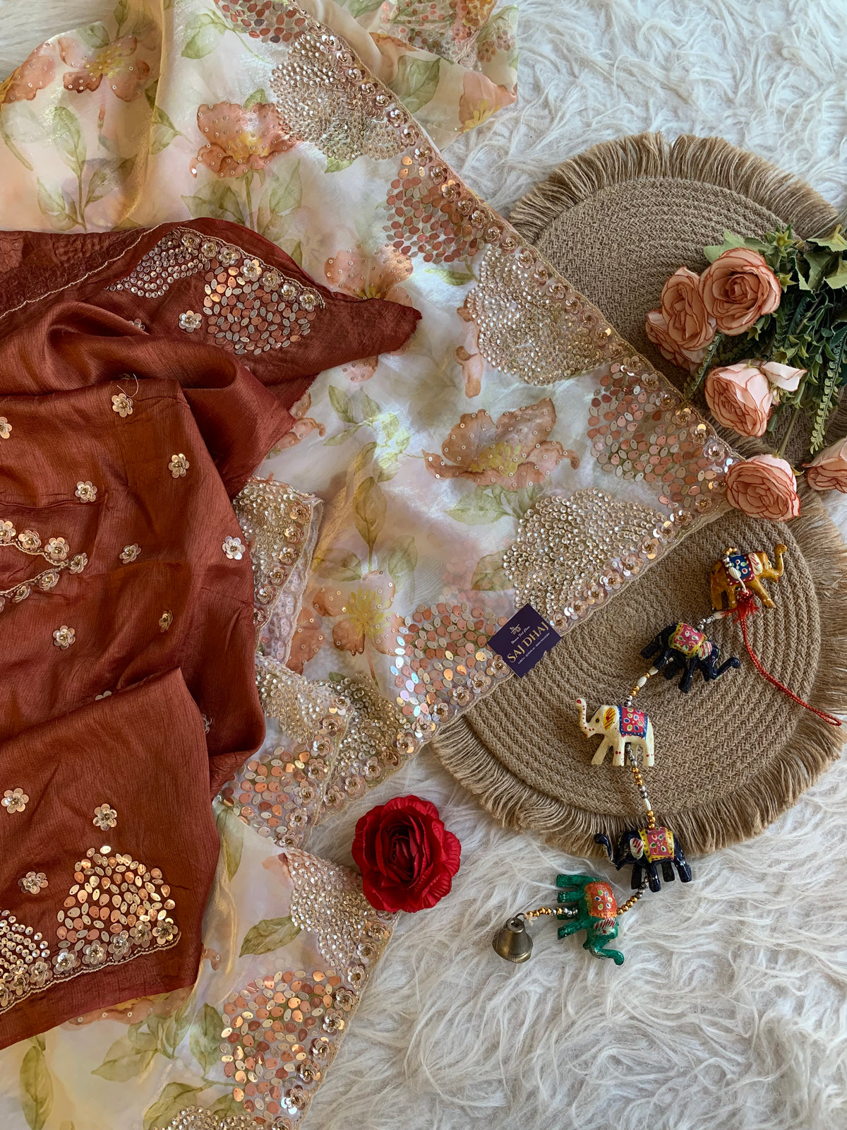 Silk Organza Saree with Floral Print & Cutdana Work 5902 07