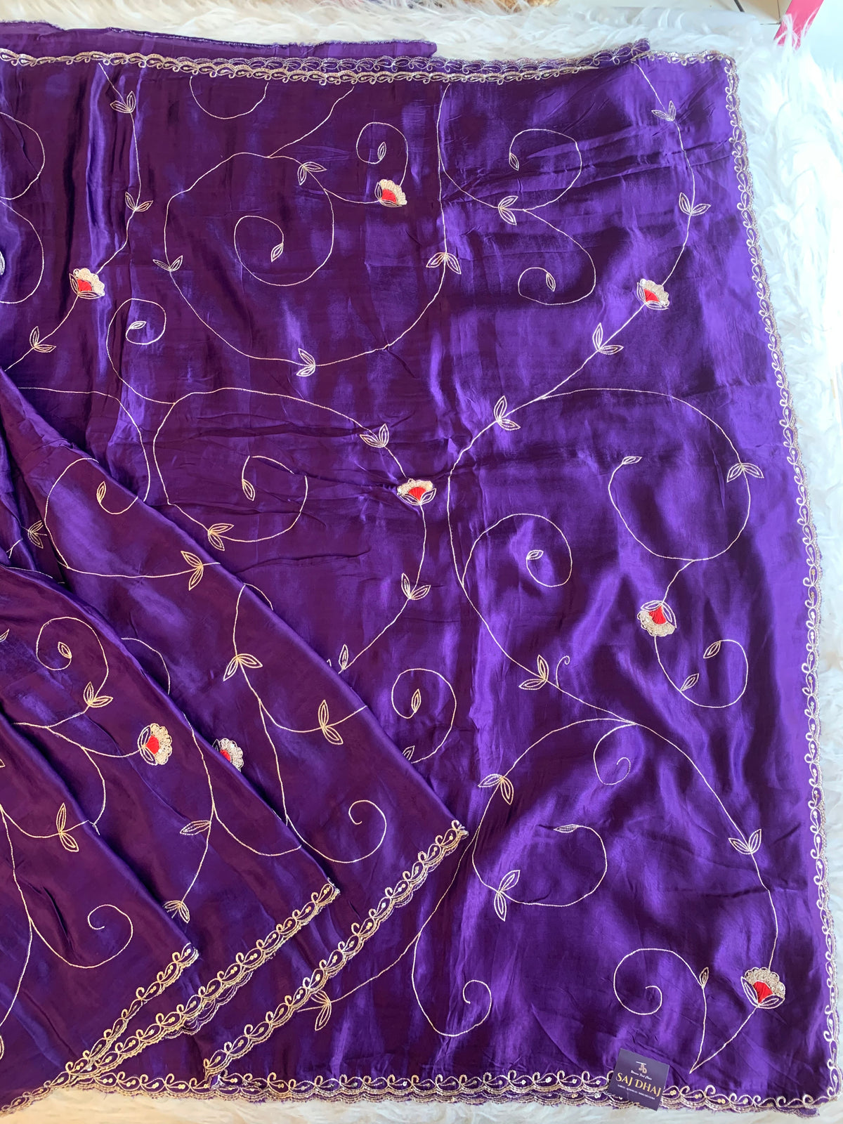 Habutai Silk Saree with Aari, Sequin & Thread Work 5902 01