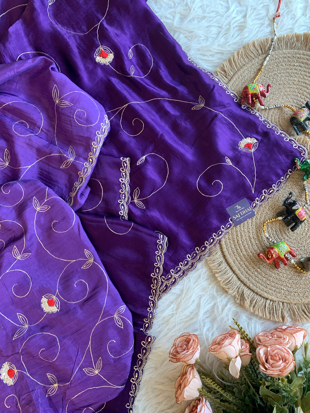 Habutai Silk Saree with Aari, Sequin & Thread Work 5902 01