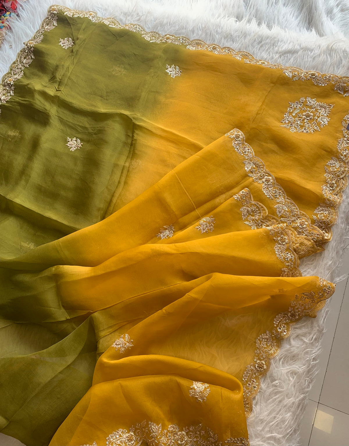Mustard Yellow With Green Organza Saree with Zardosi 5914 03