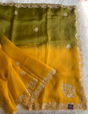 Mustard Yellow With Green Organza Saree with Zardosi 5914 03