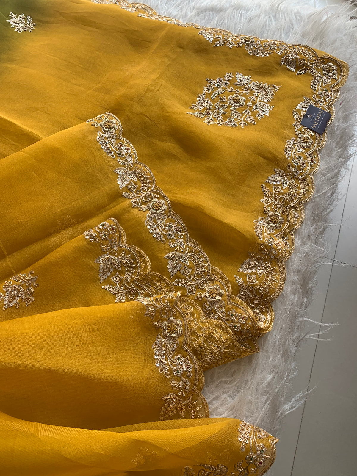 Mustard Yellow With Green Organza Saree with Zardosi 5914 03