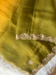Mustard Yellow With Green Organza Saree with Zardosi 5914 03