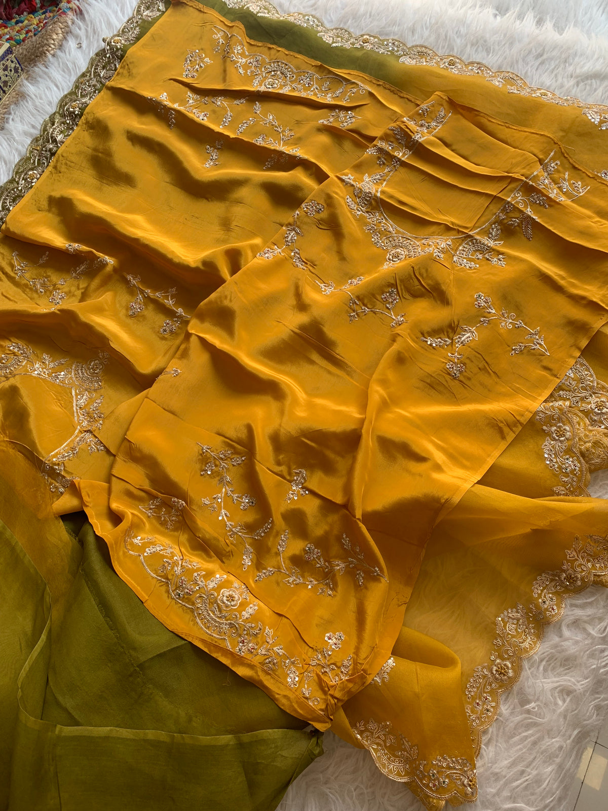 Mustard Yellow With Green Organza Saree with Zardosi 5914 03