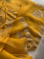 Mustard Yellow With Green Organza Saree with Zardosi 5914 03