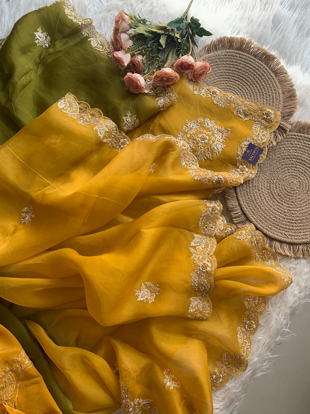Mustard Yellow With Green Organza Saree with Zardosi 5914 03