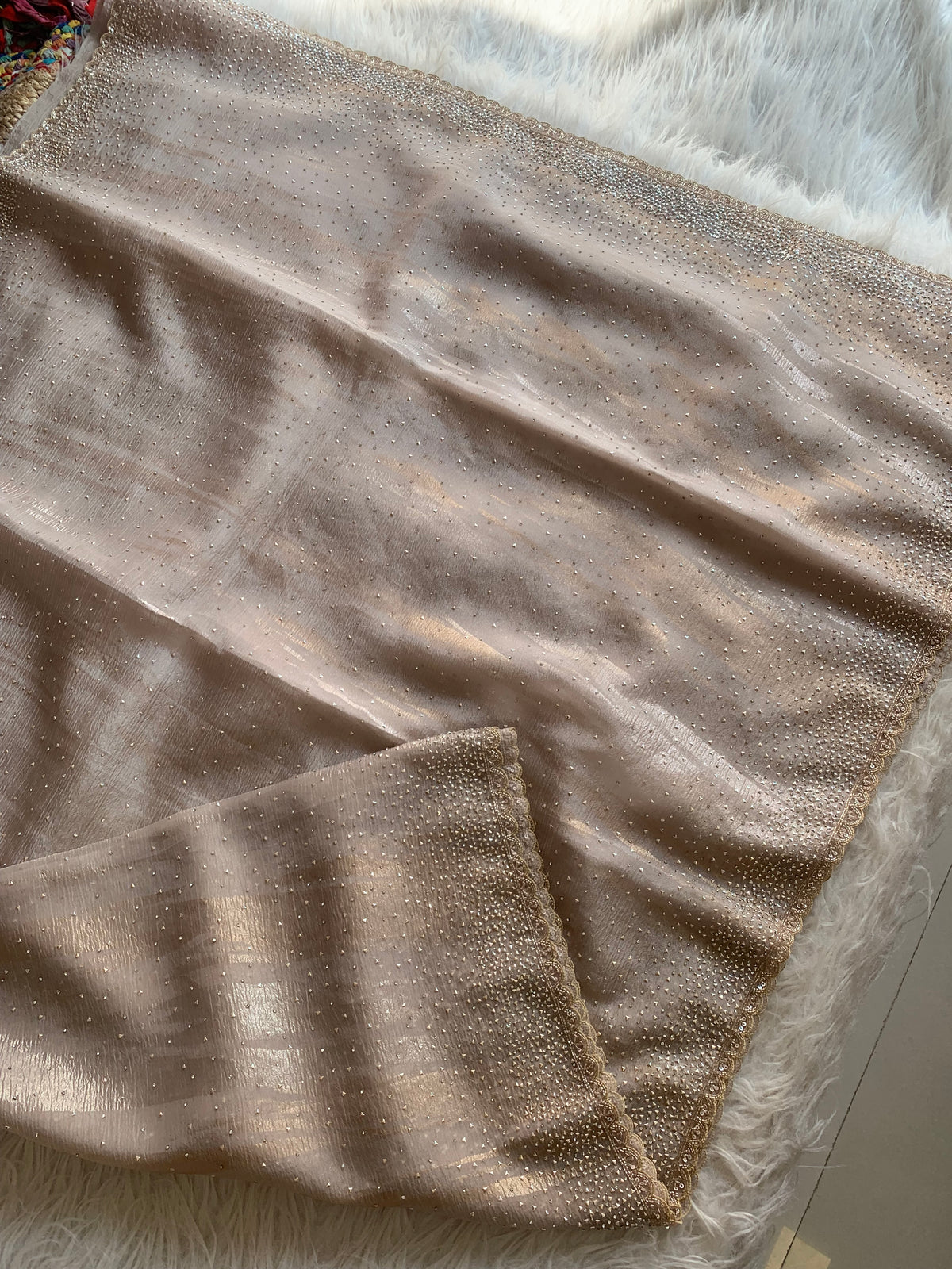 Beige Crush Organza Saree with Imported Sequin Work 5847 02