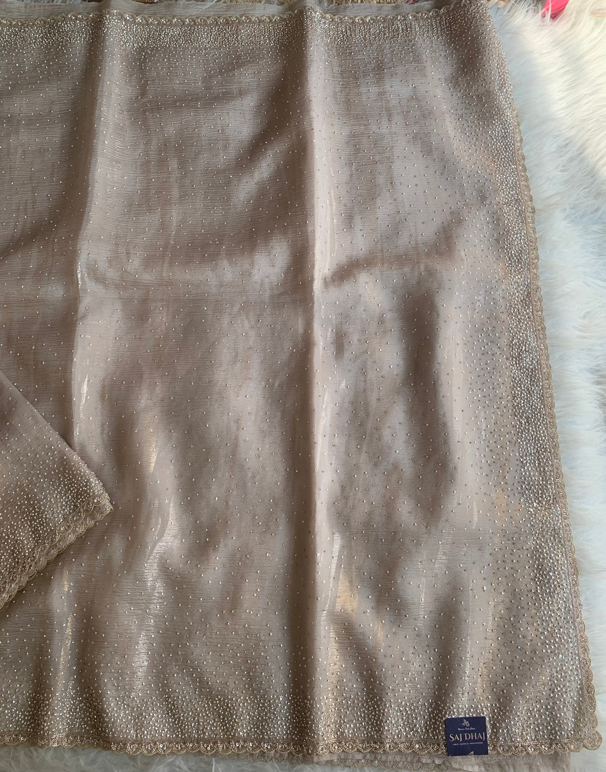 Beige Crush Organza Saree with Imported Sequin Work 5847 02