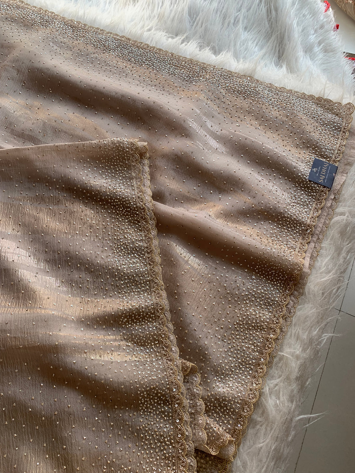 Beige Crush Organza Saree with Imported Sequin Work 5847 02