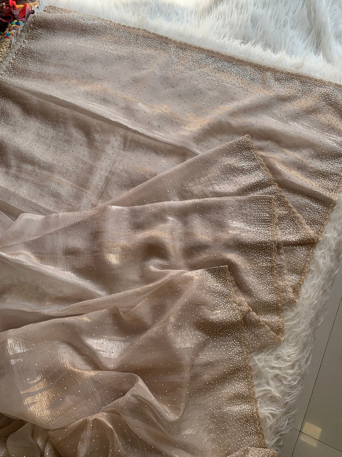 Beige Crush Organza Saree with Imported Sequin Work 5847 02