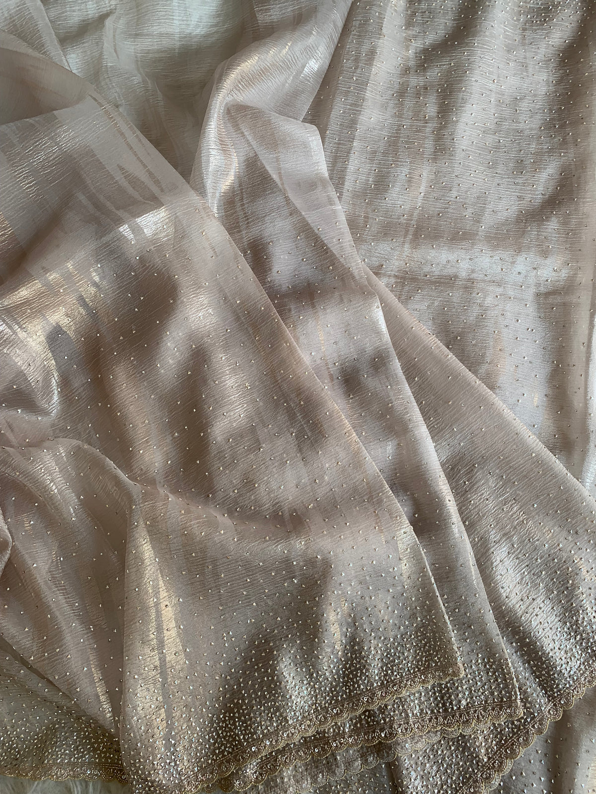 Beige Crush Organza Saree with Imported Sequin Work 5847 02