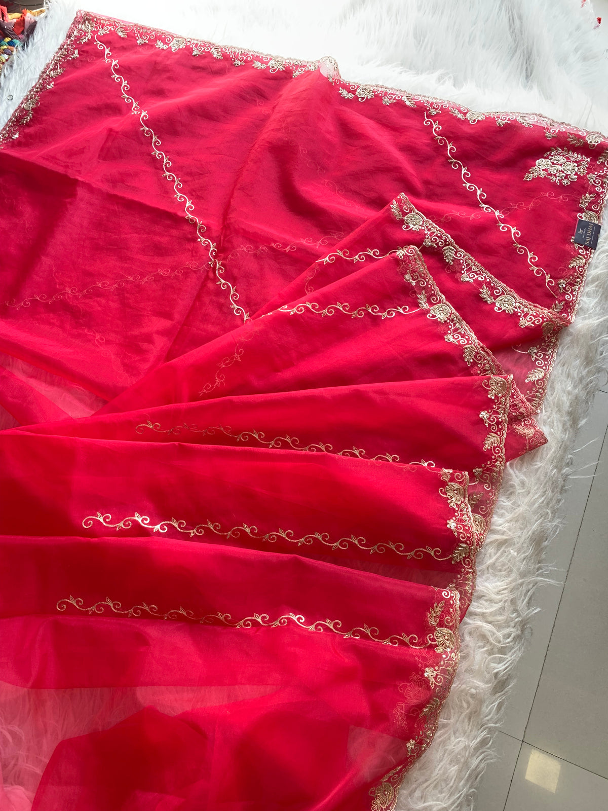 Rani Pink Organza Saree with Zardosi 5893 01
