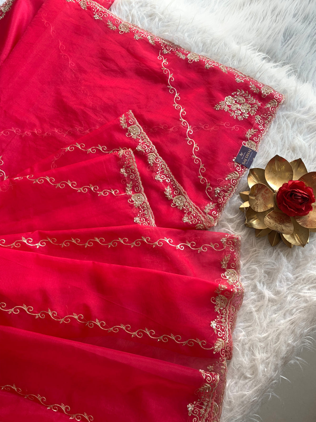 Rani Pink Organza Saree with Zardosi 5893 01