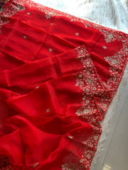 Red Organza Saree with Aari, Zardosi, Sequin & Pearl Work 5905 05