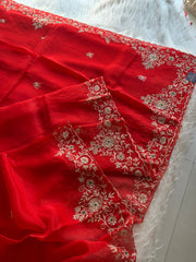Red Organza Saree with Aari, Zardosi, Sequin & Pearl Work 5905 05