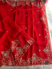Red Organza Saree with Aari, Zardosi, Sequin & Pearl Work 5905 05
