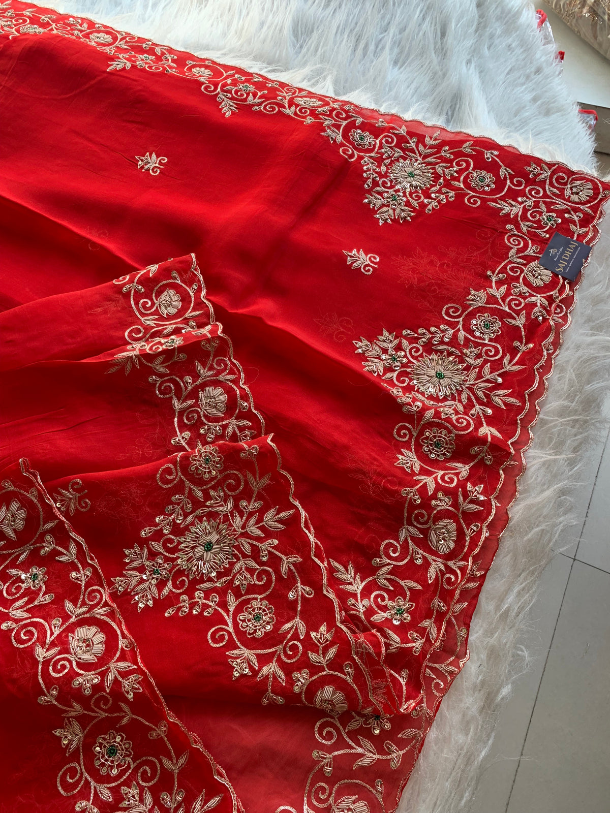 Red Organza Saree with Aari, Zardosi, Sequin & Pearl Work 5905 05
