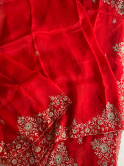 Red Organza Saree with Aari, Zardosi, Sequin & Pearl Work 5905 05