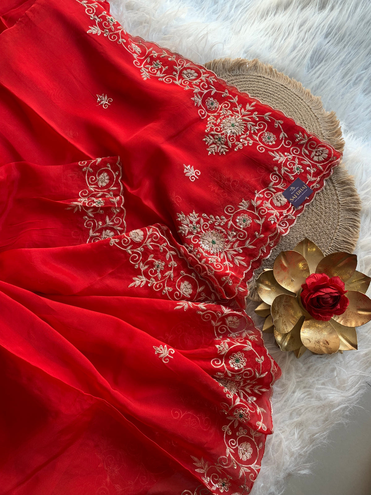 Red Organza Saree with Aari, Zardosi, Sequin & Pearl Work 5905 05