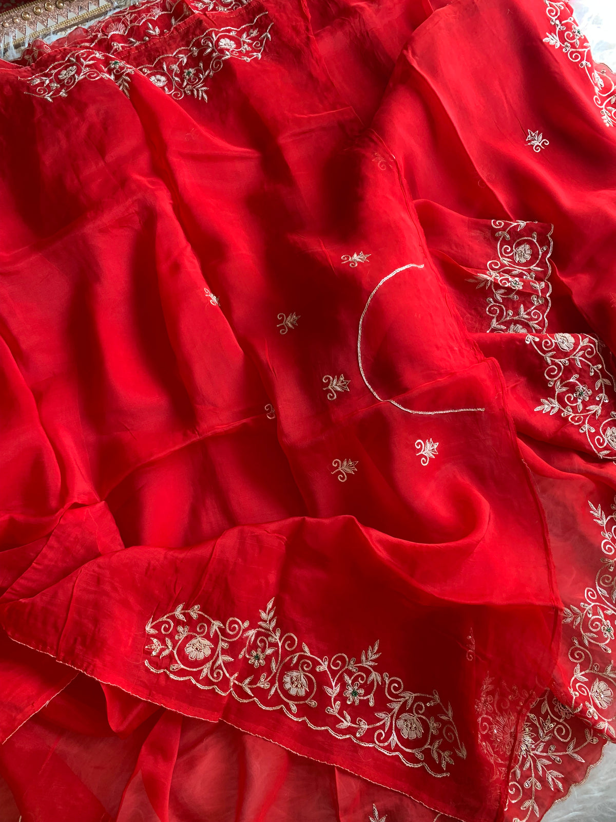 Red Organza Saree with Aari, Zardosi, Sequin & Pearl Work 5905 05