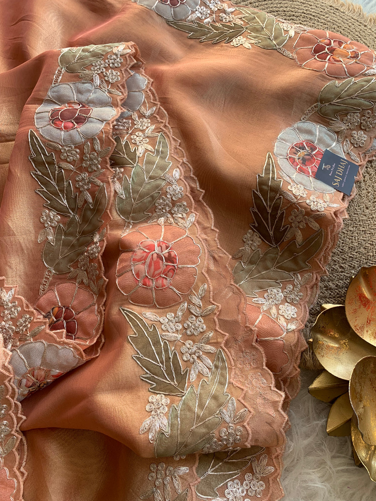 Peach Tissue Saree with Appliqué & Pittan Work 5888 15