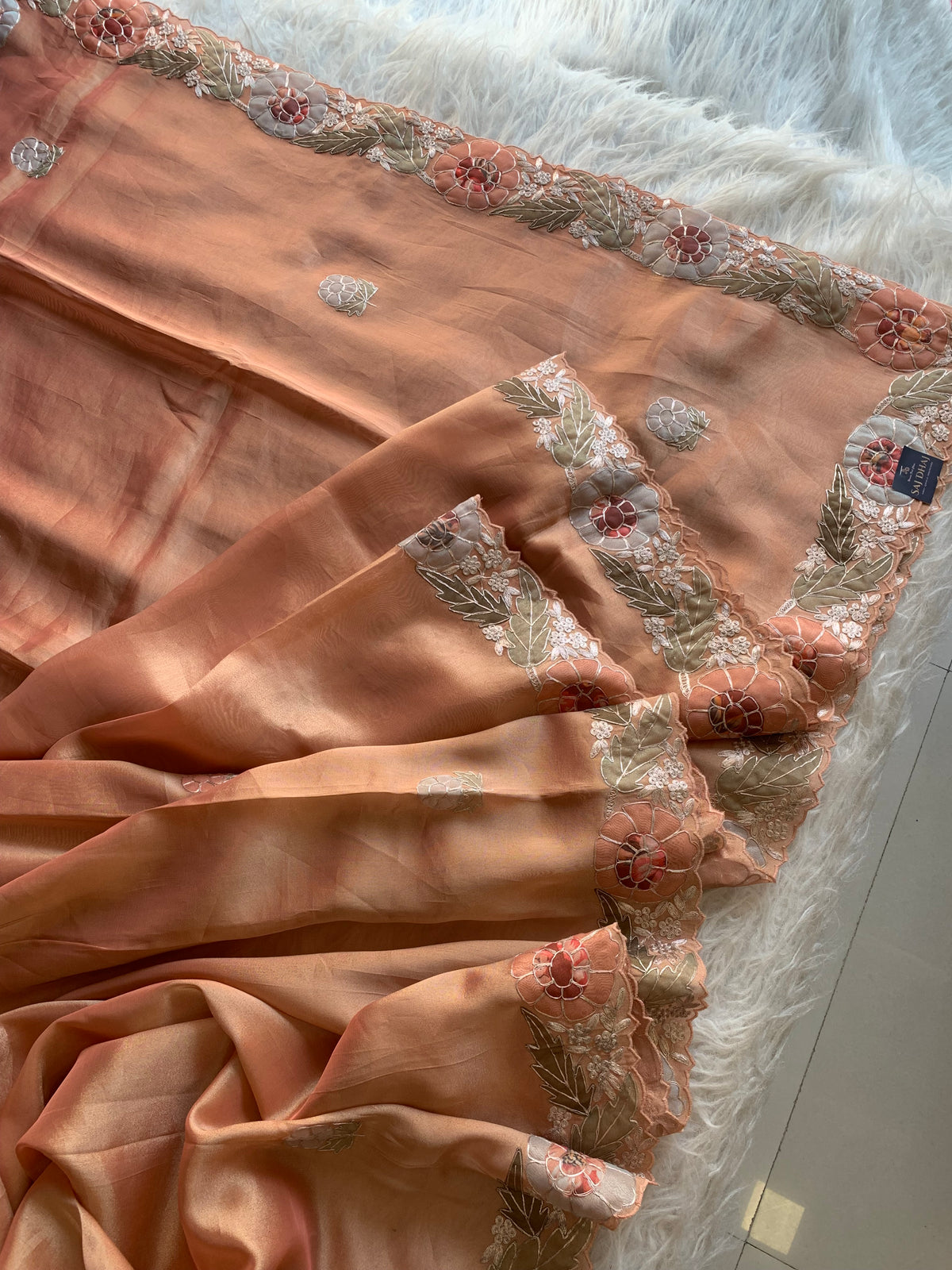 Peach Tissue Saree with Appliqué & Pittan Work 5888 15
