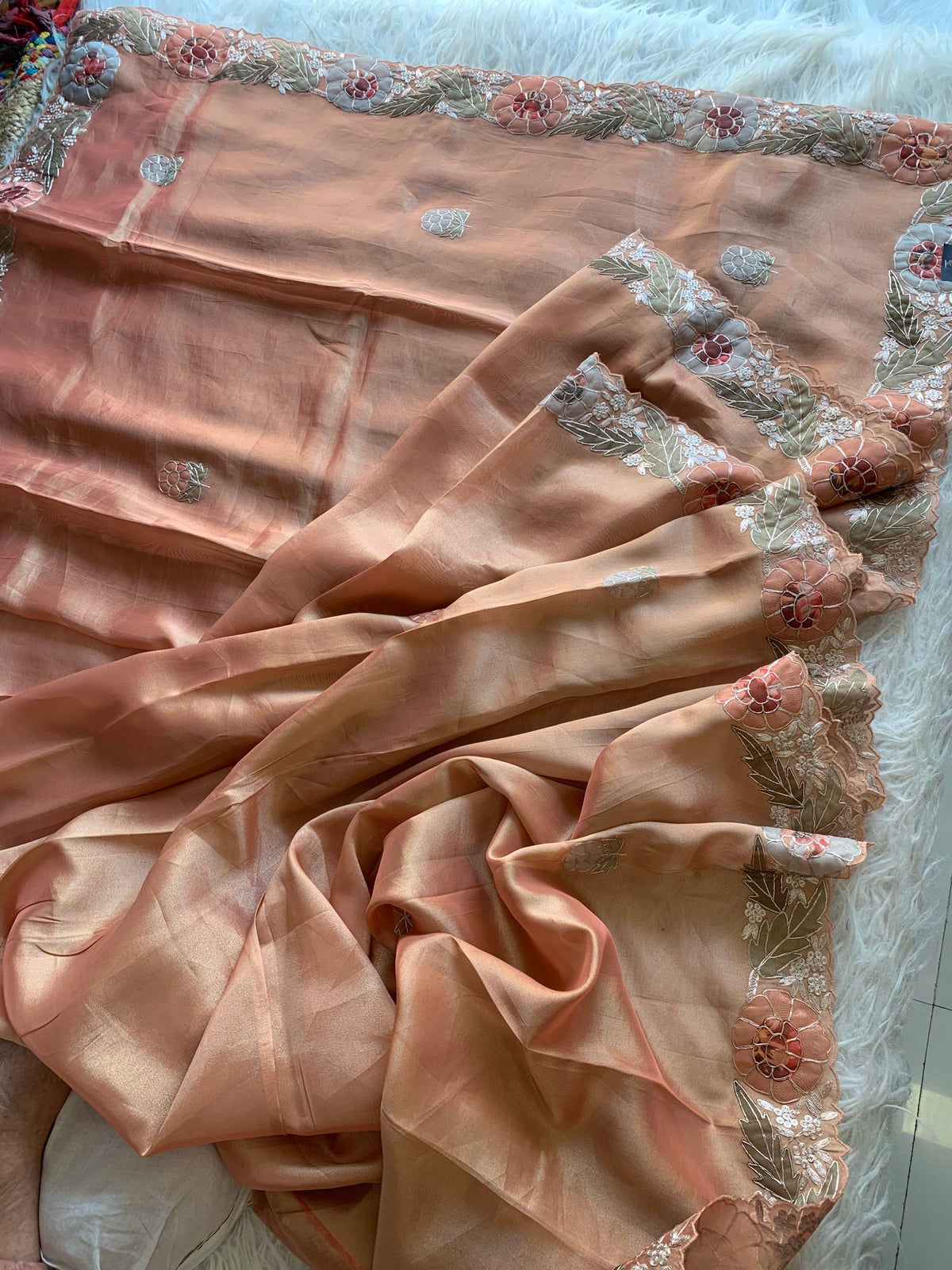 Peach Tissue Saree with Appliqué & Pittan Work 5888 15