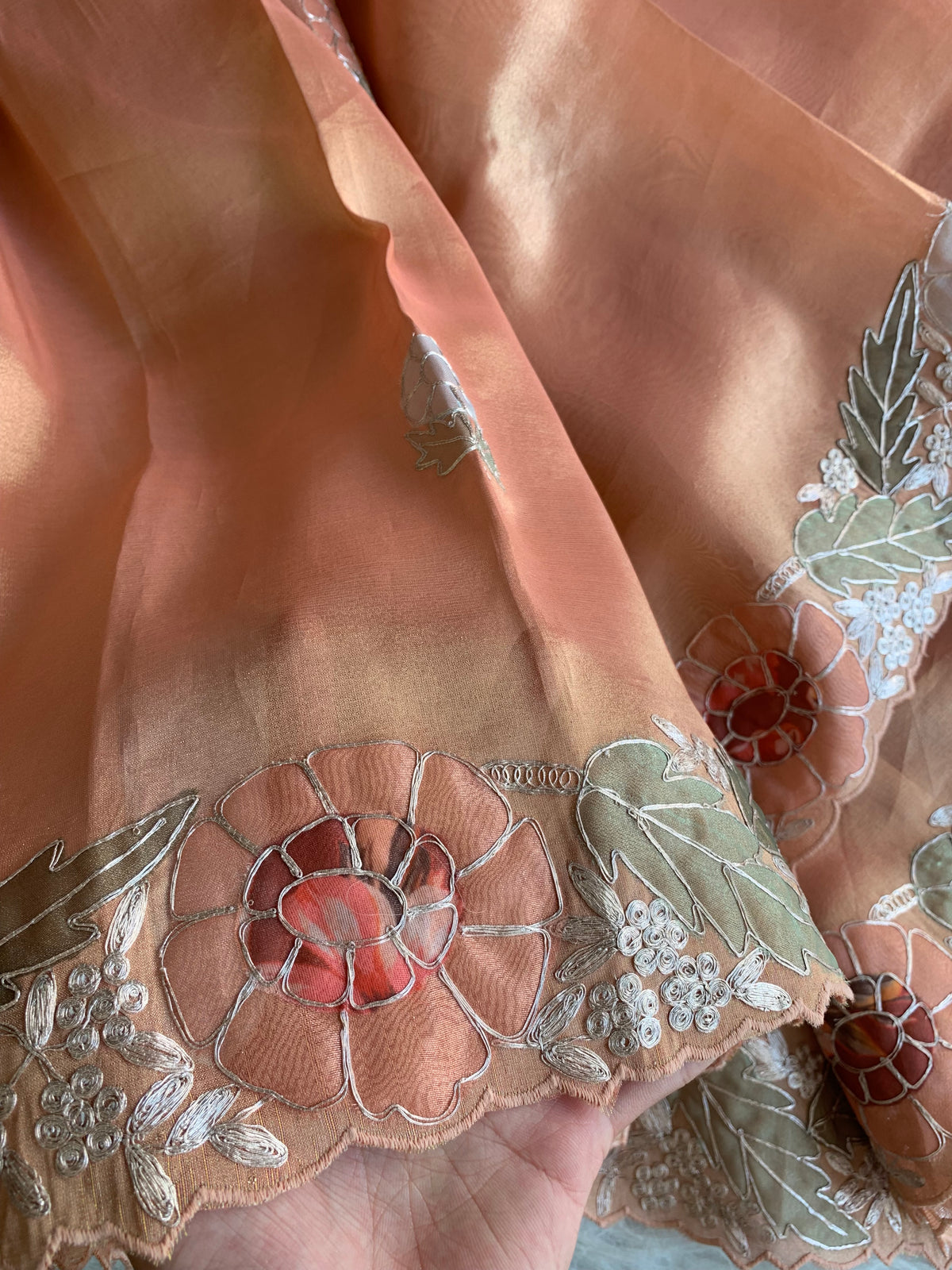 Peach Tissue Saree with Appliqué & Pittan Work 5888 15