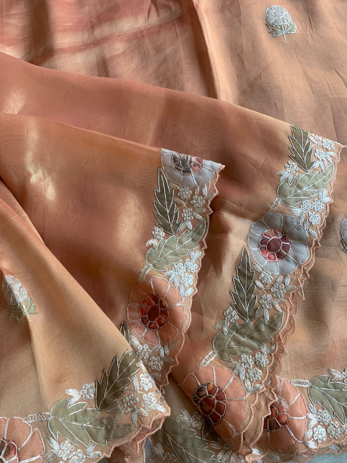 Peach Tissue Saree with Appliqué & Pittan Work 5888 15