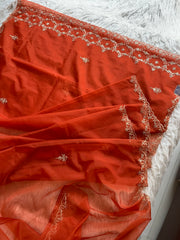 Rust Orange Organza Saree with Heavy Aari, Zardosi & Sequin Work 5893 01