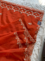 Rust Orange Organza Saree with Heavy Aari, Zardosi & Sequin Work 5893 01