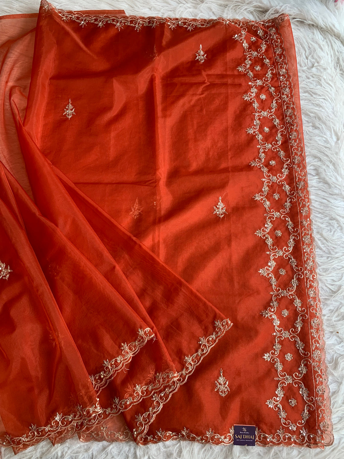 Rust Orange Organza Saree with Heavy Aari, Zardosi & Sequin Work 5893 01