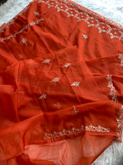 Rust Orange Organza Saree with Heavy Aari, Zardosi & Sequin Work 5893 01