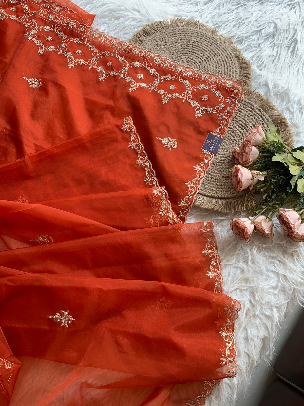 Rust Orange Organza Saree with Heavy Aari, Zardosi & Sequin Work 5893 01