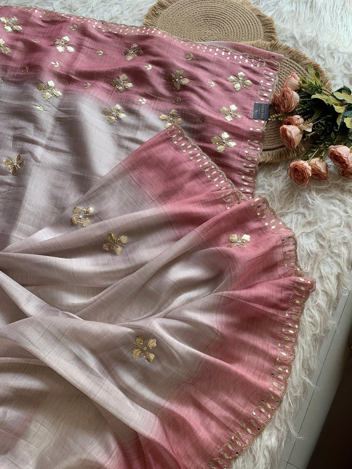 Beige Soft Tissue Saree with Onion Pink Border 5919 03