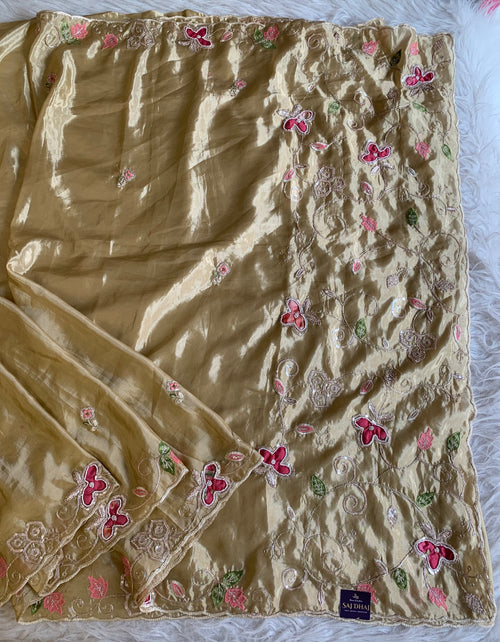 Russian Silk Saree with Appliqué Work with Pink Floral Blouse 5923 03
