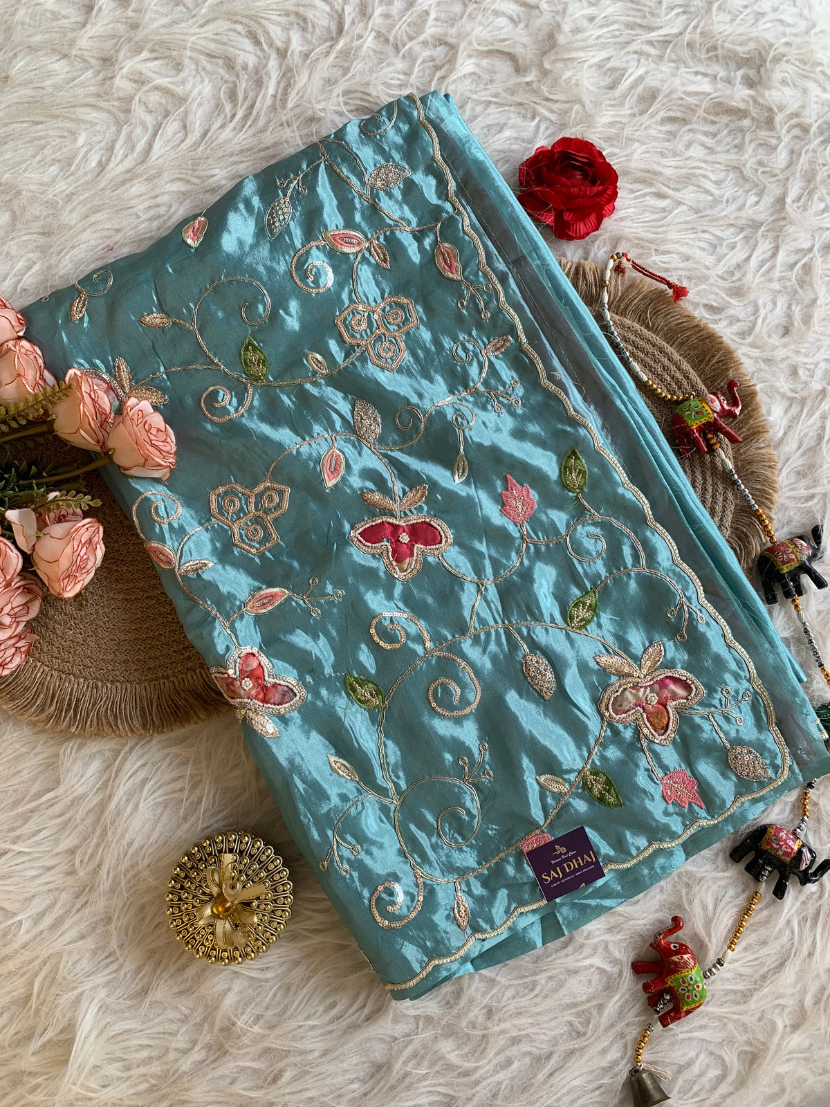 Russian Silk Saree with Appliqué Work with Pink Floral Blouse 5923 03