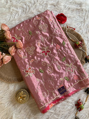 Russian Silk Saree with Appliqué Work with Pink Floral Blouse 5923 03