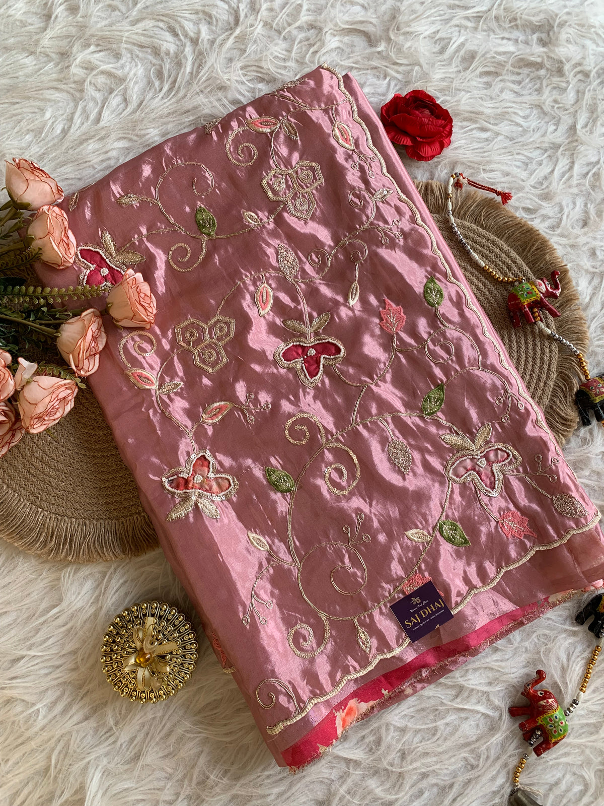Russian Silk Saree with Appliqué Work with Pink Floral Blouse 5923 03