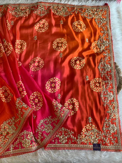 Orange & Pink Russian Silk Saree with Patola, Pittan & Sequin Work 5953 02