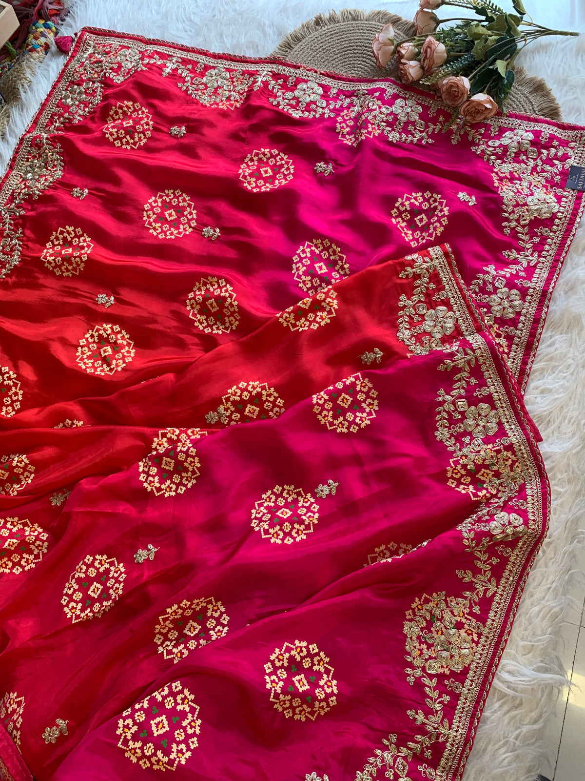 Pink & Red Russian Silk Saree with Patola, Pittan & Sequin Work 5953 02