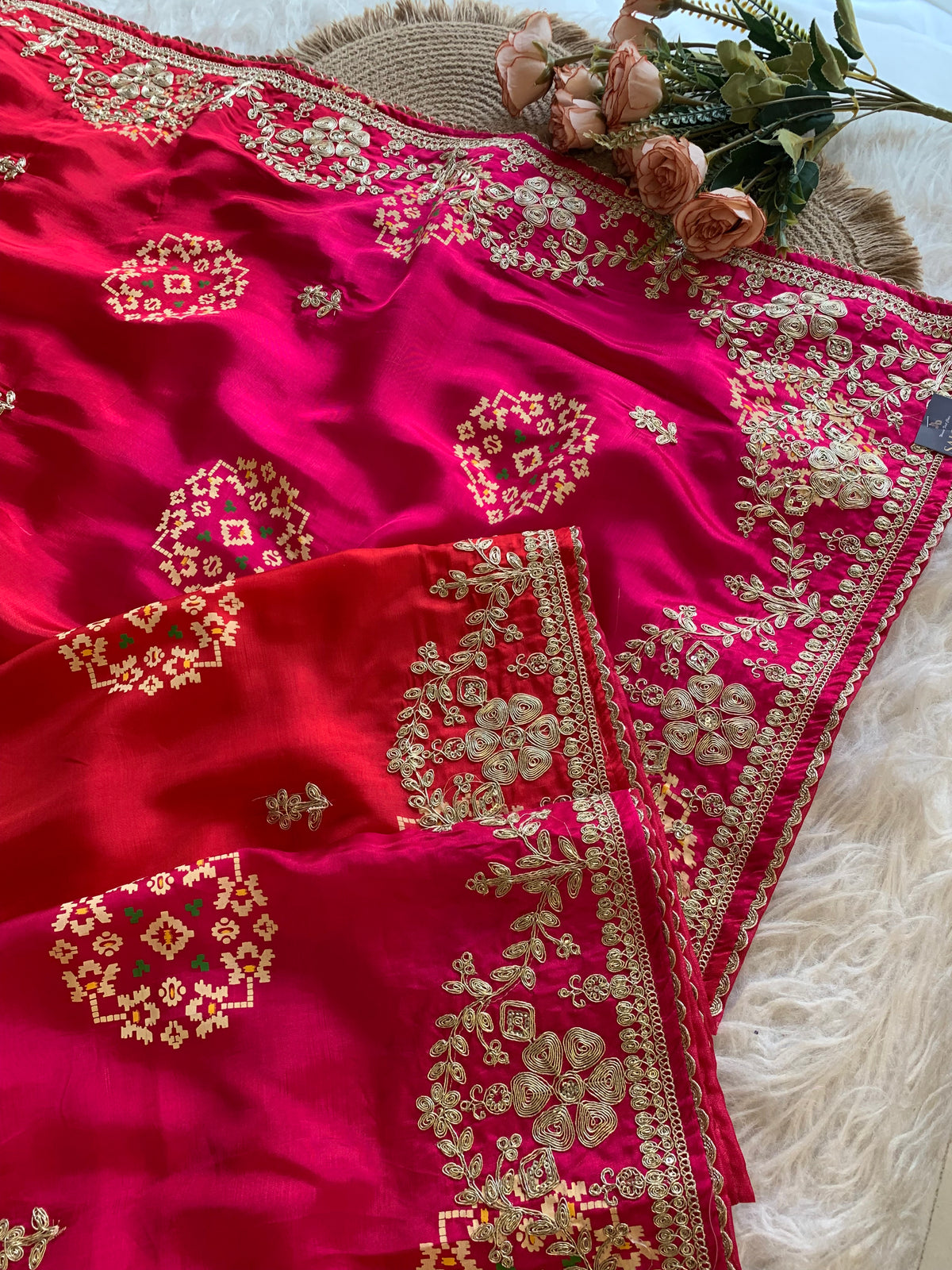 Pink & Red Russian Silk Saree with Patola, Pittan & Sequin Work 5953 02
