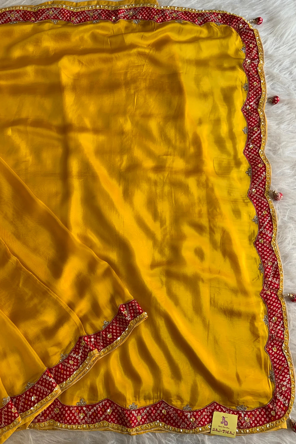 Yellow Habutai Silk Saree with Red Bandhej Border 5254 02